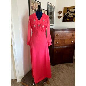 Vintage 70s Hot Coral Pearl Maxi Dress Bishop Sleeve